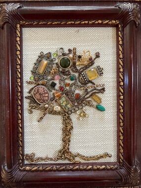 Vintage Mixed-Metal Jewelry Tree Wall Art with Colorful Gem Accents